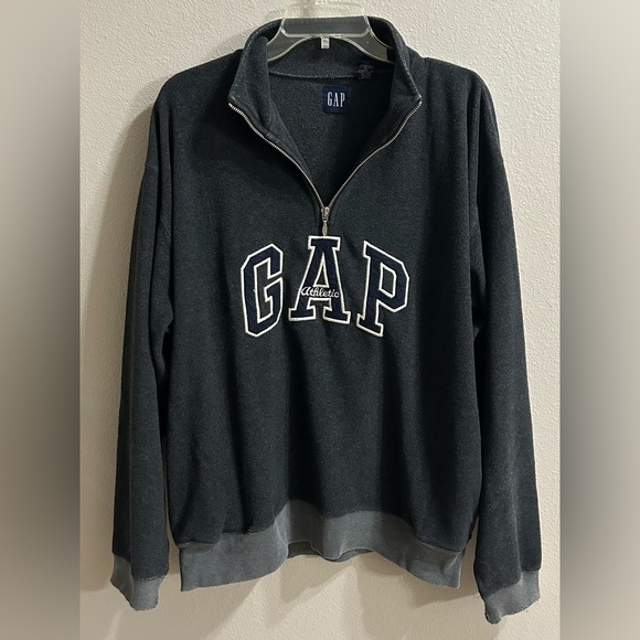 GAP Other - Y2K GAP Spellout Sweatshirt Mens Size L Gray Terry 1/4 Zip Preppy Trendy College